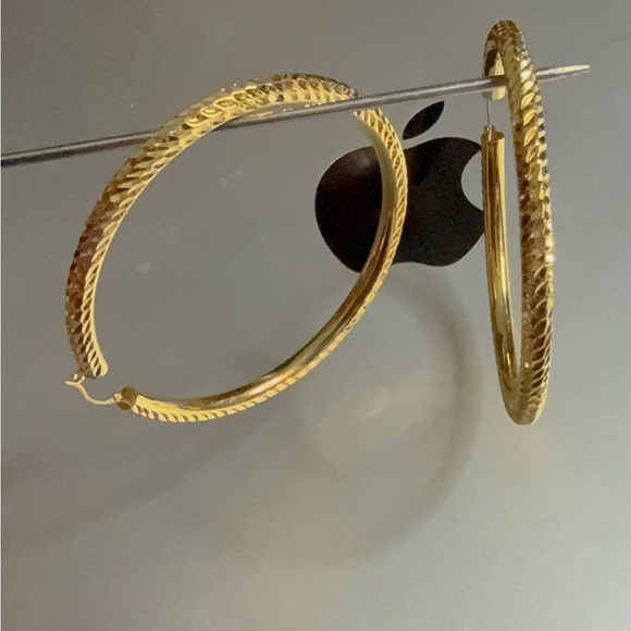 NWT 14k Real Gold Diamond-Cut 70mm Round Tube Hoop Earrings - Genuine 14K “3/3” - Picture 7 of 9
